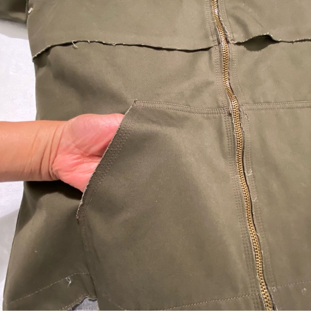 Zara Olive Green Hooded Jacket Denim Zip Utility Boxy Small - Picture 6 of 16